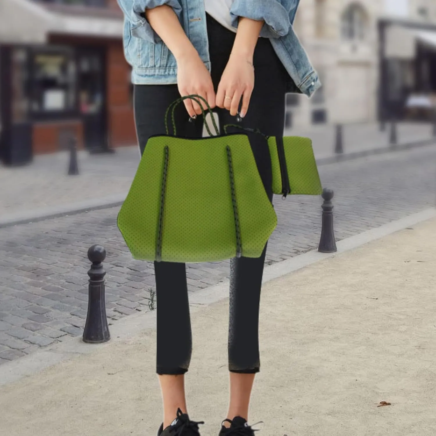 Neoprene Bag Pool Bag with Small Purse Water Resistant Beach Tote Bag Holes Handbag for Traveling Summer Shopping Gym