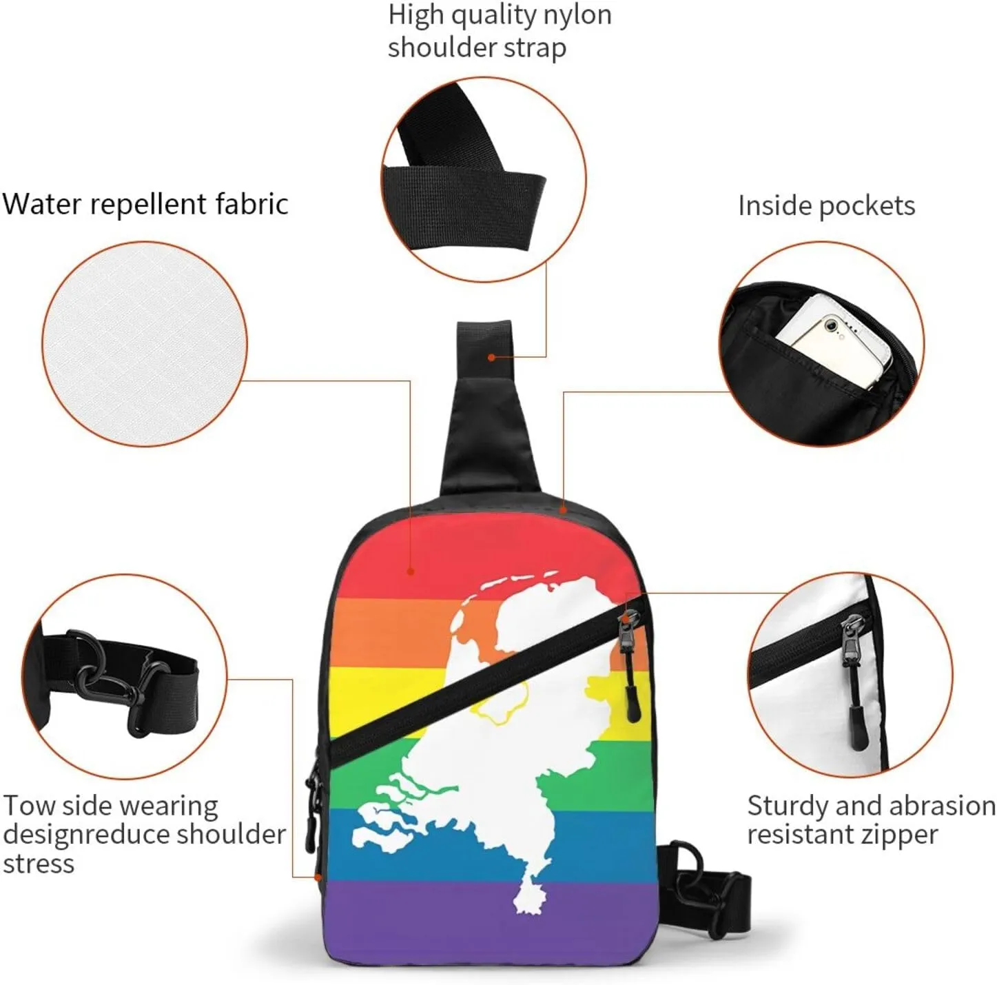 Netherlands Holland LGBT Pride Flag Packable Crossbody Bag Portable Sling Bags Foldable Travel Daypack Reusable Sports Shoulder Backpack Diagonally Chest Bag for Workout