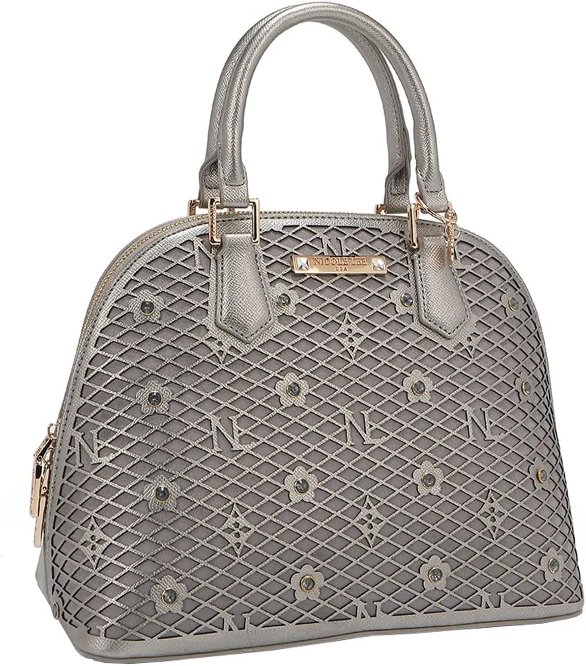 Nicole Lee Dome Satchel, Vegan Leather, Laser-cut Floral Pattern