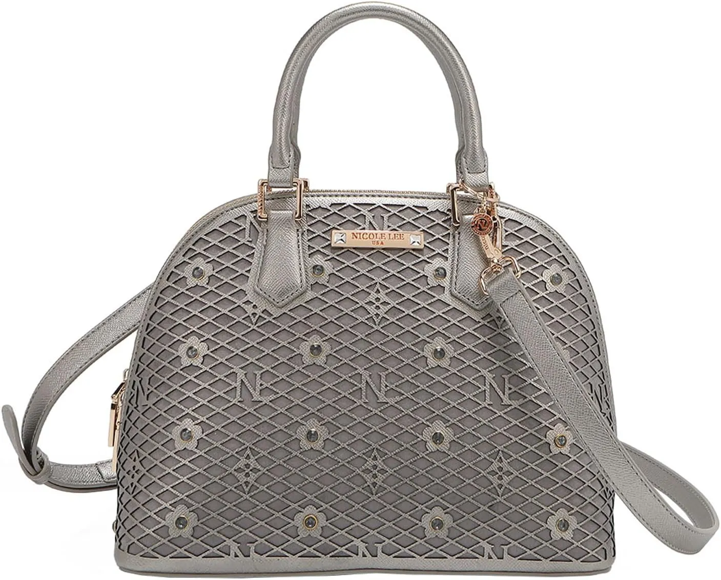 Nicole Lee Dome Satchel, Vegan Leather, Laser-cut Floral Pattern