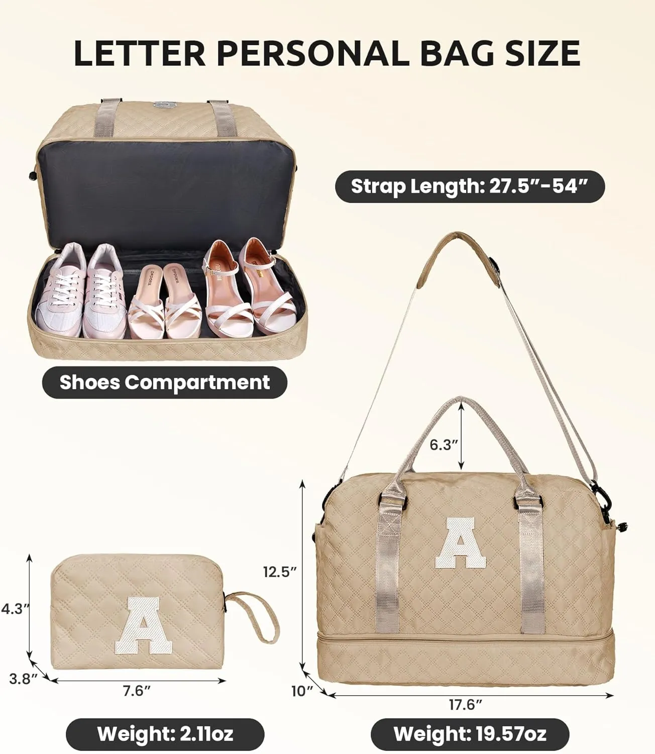 Nieces Birthday Gift, Gifts for Women-Initial Travel Bag with Shoe Compartment, Personalized Weekender Bag, Monogram Overnight Bag for Women, Letter Travel Bag with Makeup Bag (Letter I)