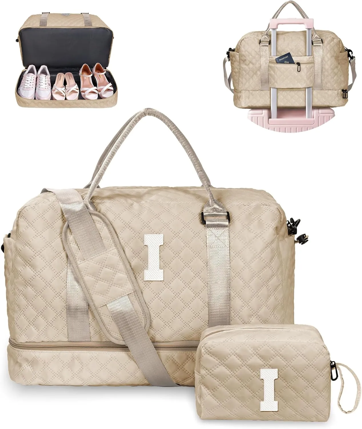 Nieces Birthday Gift, Gifts for Women-Initial Travel Bag with Shoe Compartment, Personalized Weekender Bag, Monogram Overnight Bag for Women, Letter Travel Bag with Makeup Bag (Letter I)