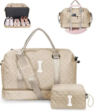 Nieces Birthday Gift, Gifts for Women-Initial Travel Bag with Shoe Compartment, Personalized Weekender Bag, Monogram Overnight Bag for Women, Letter Travel Bag with Makeup Bag (Letter I)