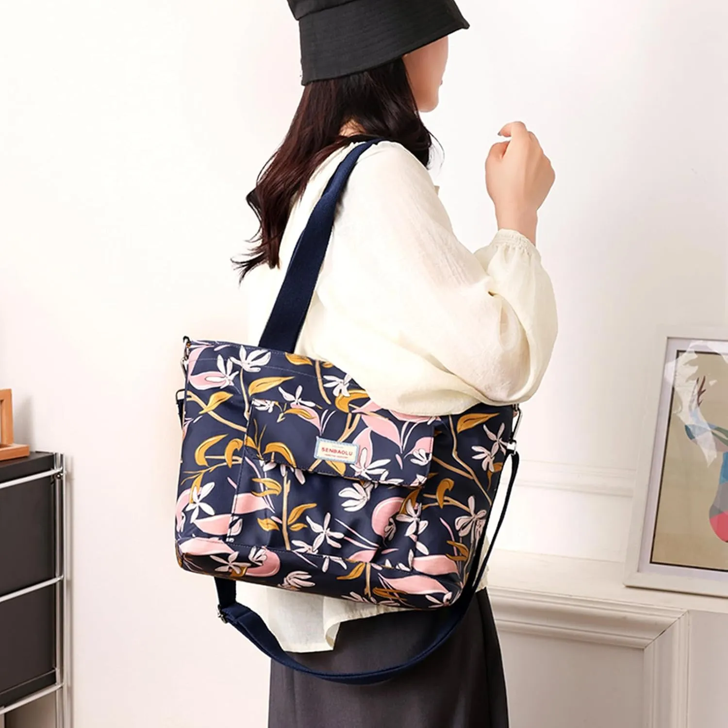 Nylon Tote Bag with Zipper for Women Large Shoulder Bag Top Handle Handbag for Travel Work