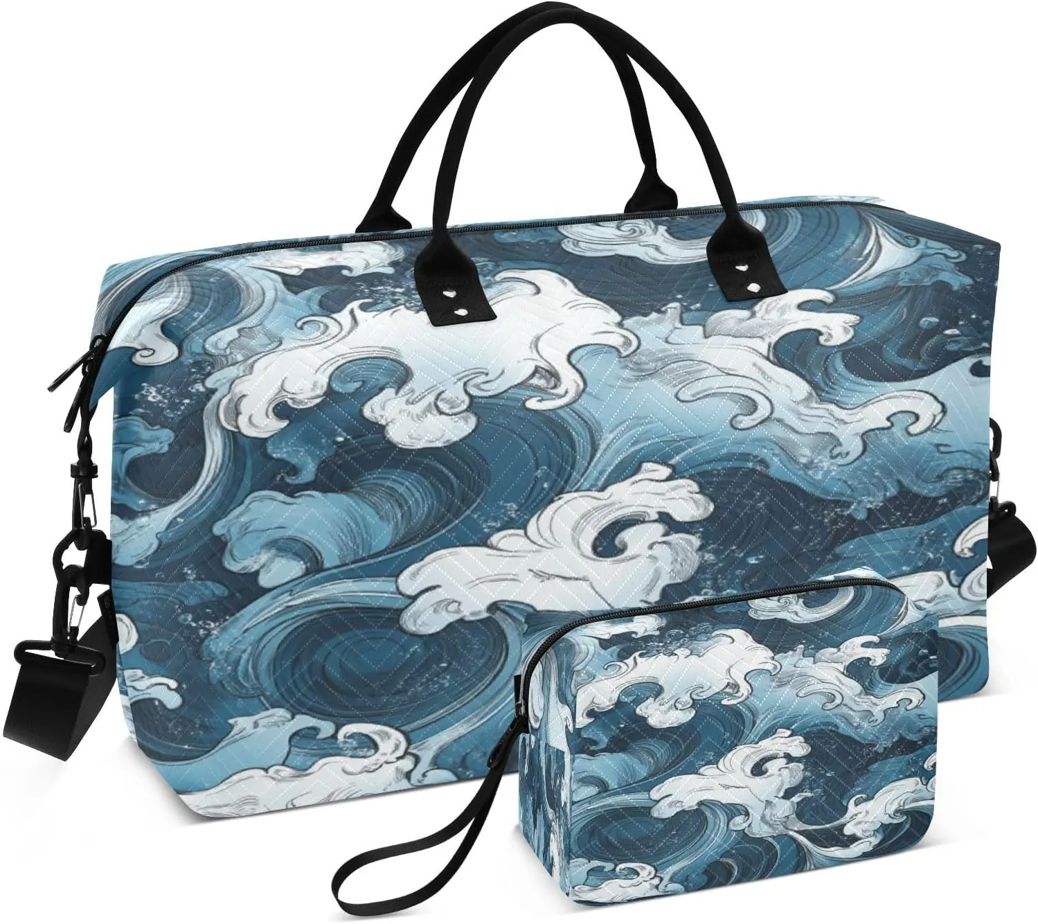Ocean Wave Sketch Sports Gym Bag for Women Men Travel Duffel Bag Weekend Overnight Carry on Bag with Toiletry Bag Training Handbag for Hospital Plane Swimming Yoga Workout