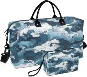 Ocean Wave Sketch Sports Gym Bag for Women Men Travel Duffel Bag Weekend Overnight Carry on Bag with Toiletry Bag Training Handbag for Hospital Plane Swimming Yoga Workout