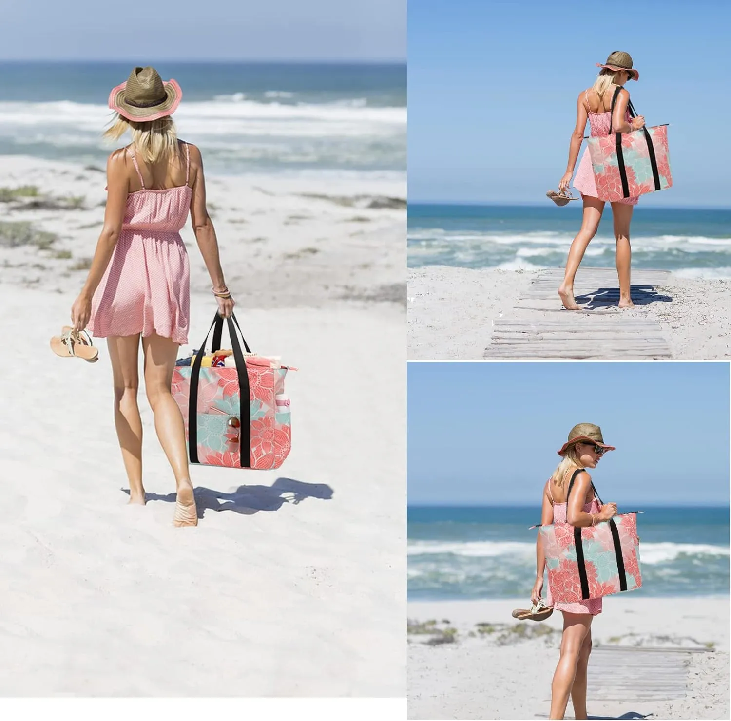 Octsky Roomy Beach Bags for Women - Waterproof Sandproof Beach Tote with Dual Zipper and Wet Pocket - 3 Outside Pockets