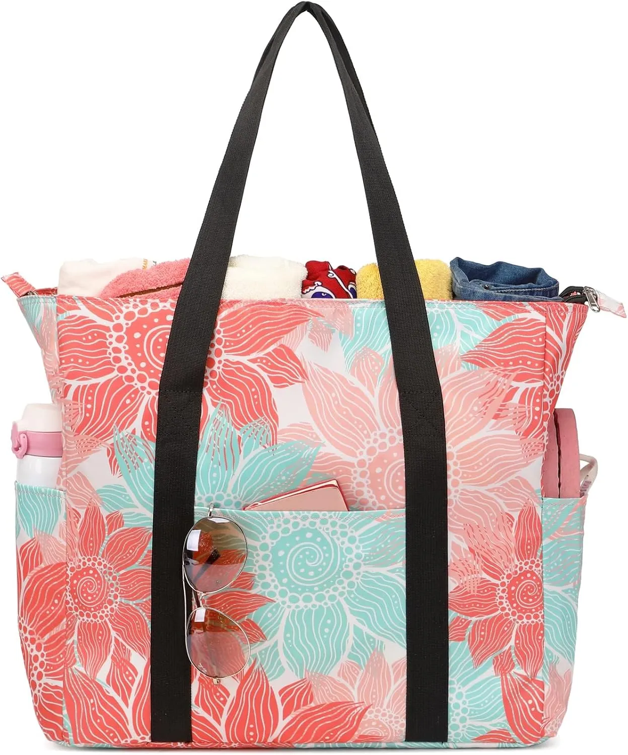 Octsky Roomy Beach Bags for Women - Waterproof Sandproof Beach Tote with Dual Zipper and Wet Pocket - 3 Outside Pockets