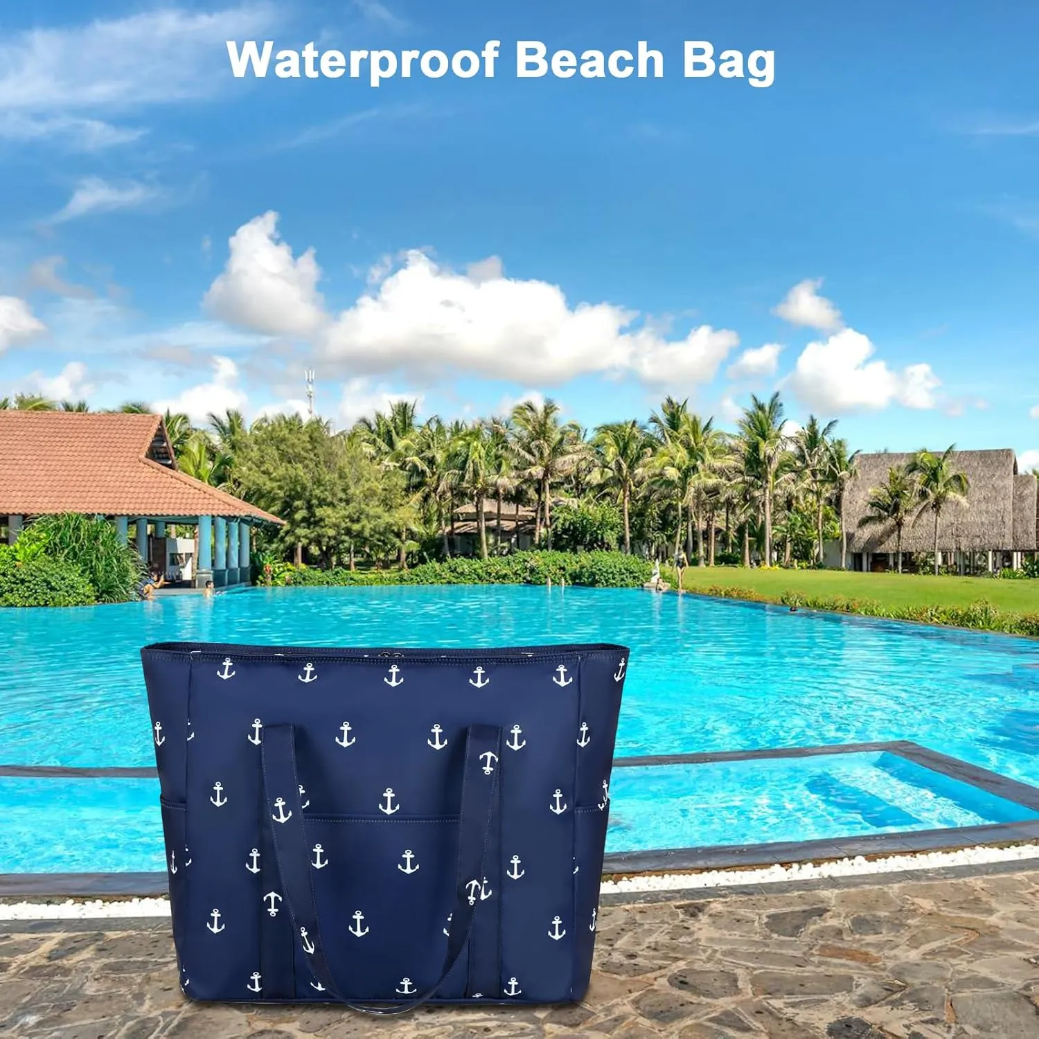 Octsky Roomy Beach Bags for Women - Waterproof Sandproof Beach Tote with Dual Zipper and Wet Pocket - 3 Outside Pockets