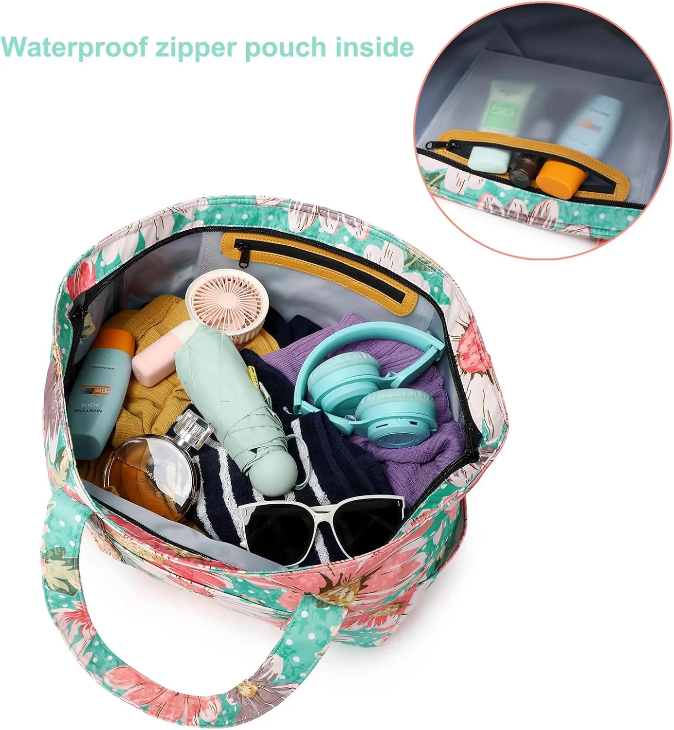 Octsky Roomy Beach Bags for Women - Waterproof Sandproof Beach Tote with Dual Zipper and Wet Pocket - 3 Outside Pockets