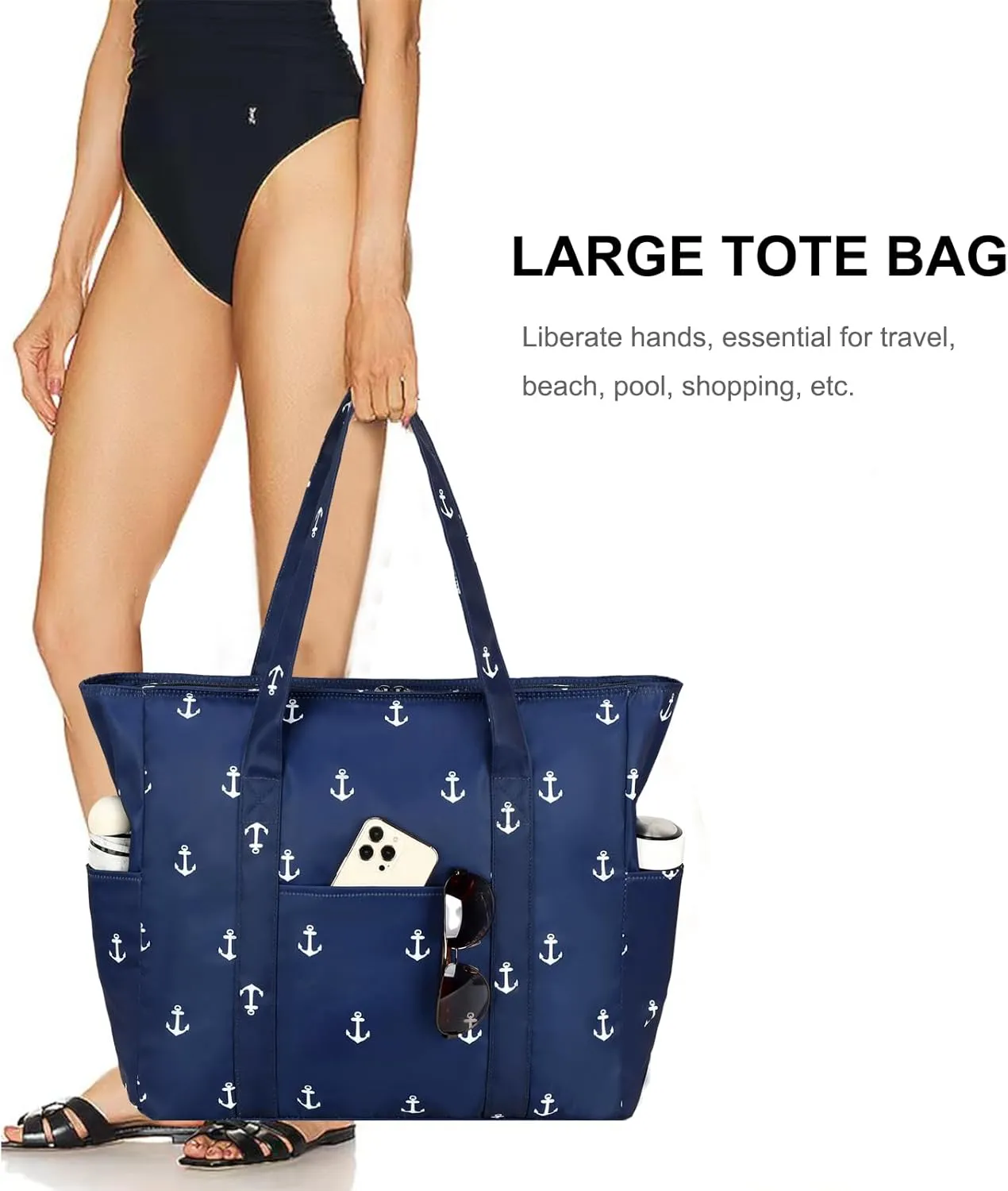 Octsky Roomy Beach Bags for Women - Waterproof Sandproof Beach Tote with Dual Zipper and Wet Pocket - 3 Outside Pockets