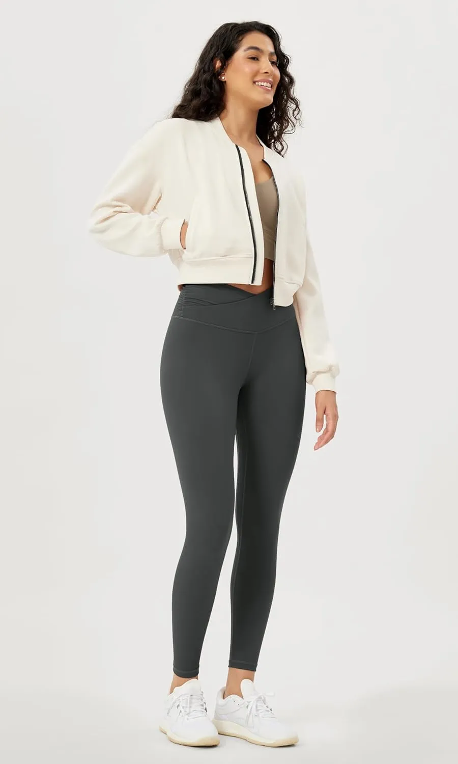 ODODOS Women's Cross Waist Yoga Leggings with Inner Pocket, 23"/25"/28" Gathered Crossover Workout Yoga Pants