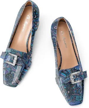 Oh Mispares Mid Heel Pumps Square Closed Toe Block Heels Rhinestone Crystal Buckle Slip on Comfortable Dress Chunky Heeled Shoes for Women