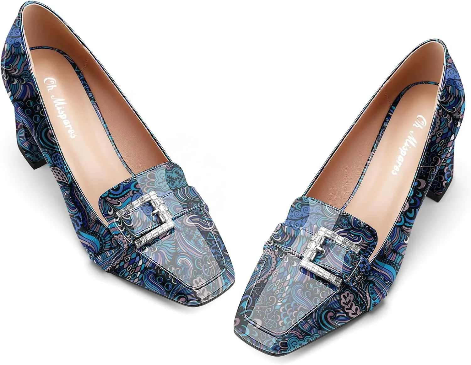 Oh Mispares Mid Heel Pumps Square Closed Toe Block Heels Rhinestone Crystal Buckle Slip on Comfortable Dress Chunky Heeled Shoes for Women