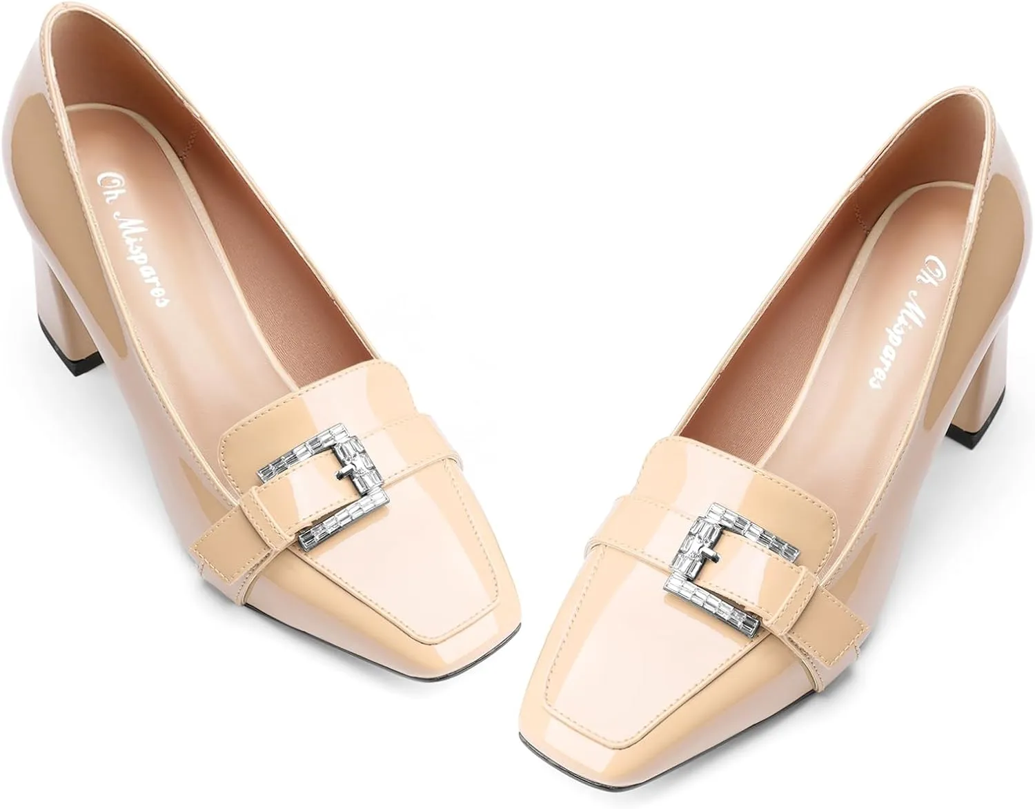 Oh Mispares Mid Heel Pumps Square Closed Toe Block Heels Rhinestone Crystal Buckle Slip on Comfortable Dress Chunky Heeled Shoes for Women