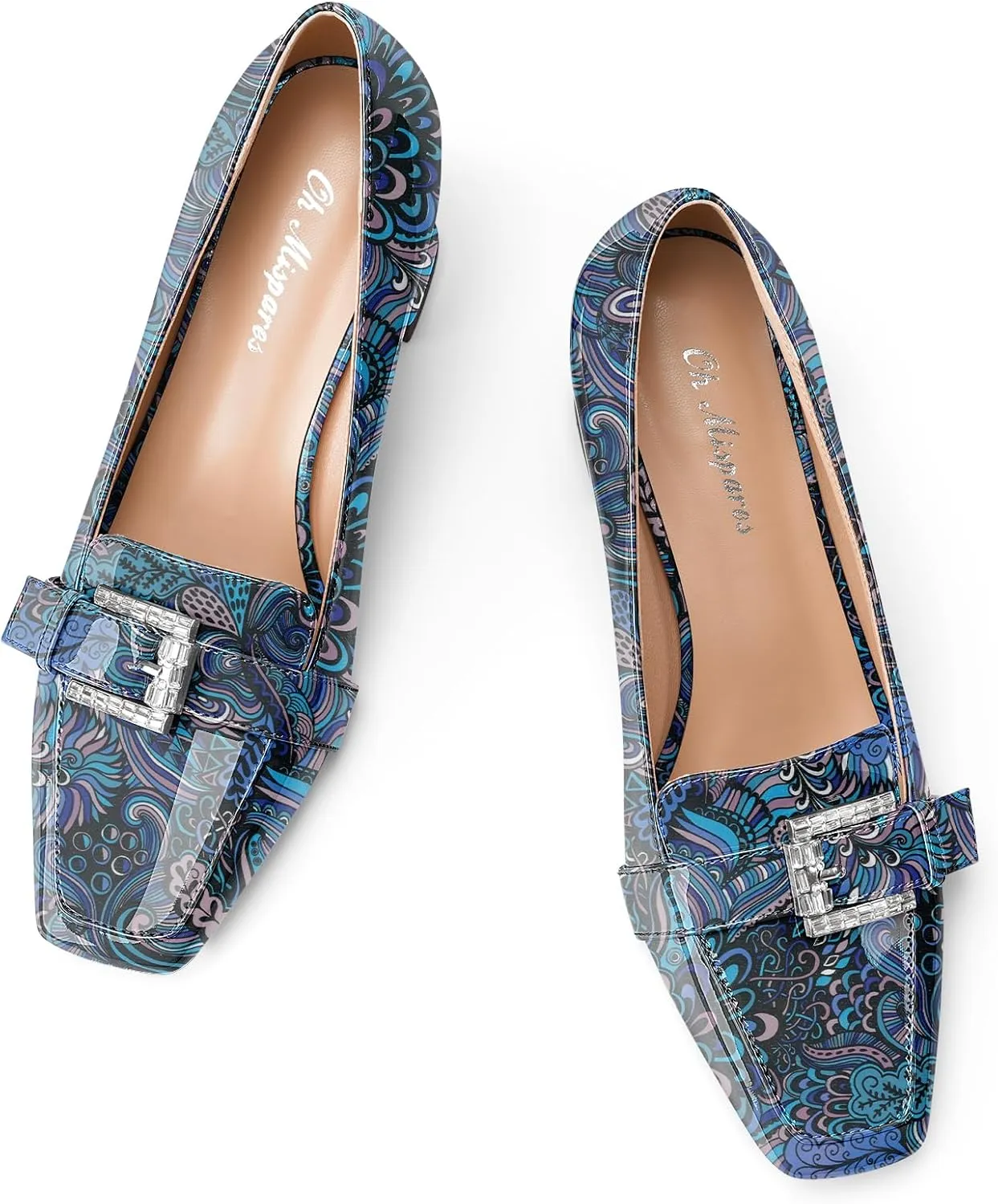 Oh Mispares Mid Heel Pumps Square Closed Toe Block Heels Rhinestone Crystal Buckle Slip on Comfortable Dress Chunky Heeled Shoes for Women