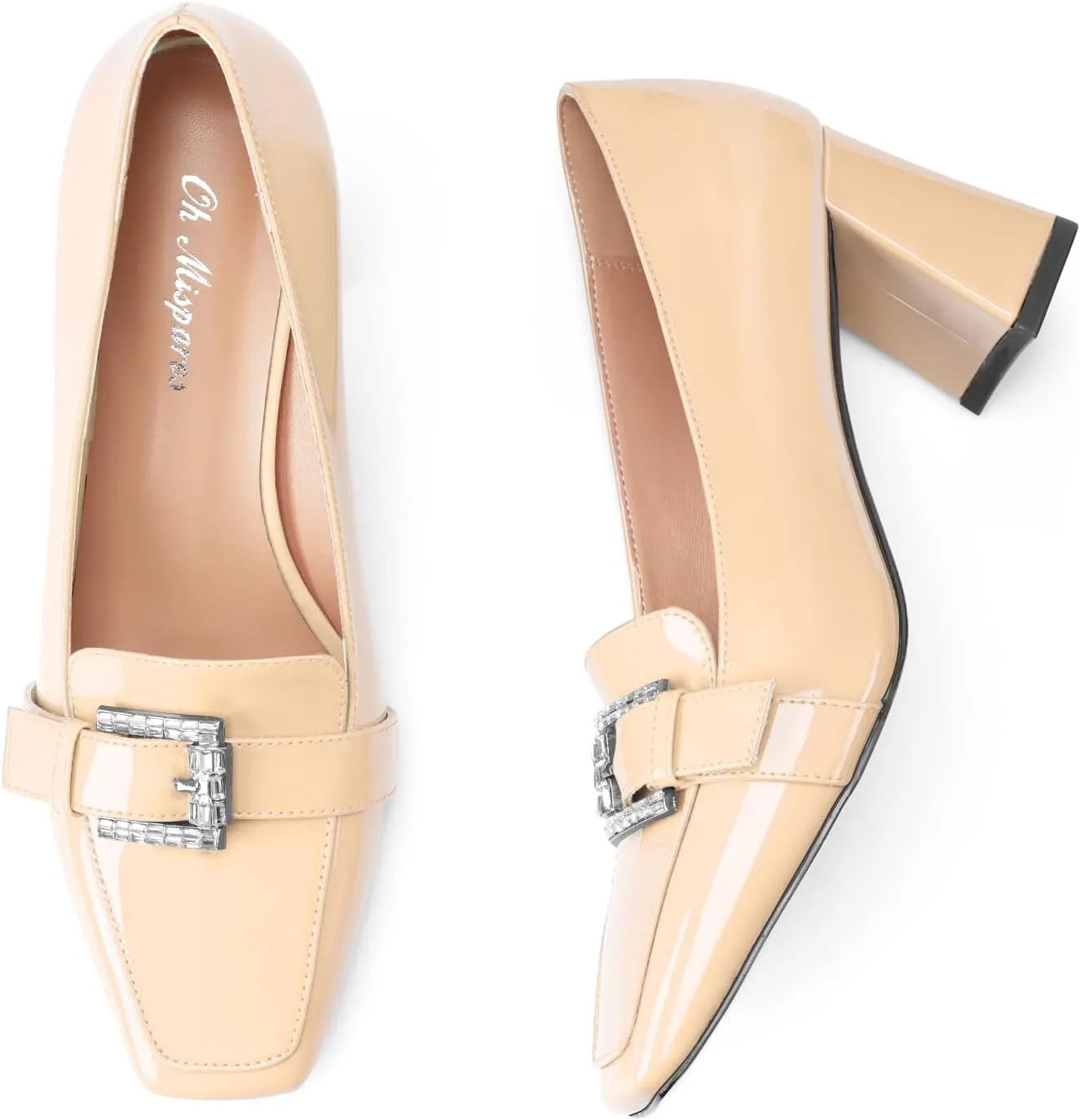Oh Mispares Mid Heel Pumps Square Closed Toe Block Heels Rhinestone Crystal Buckle Slip on Comfortable Dress Chunky Heeled Shoes for Women