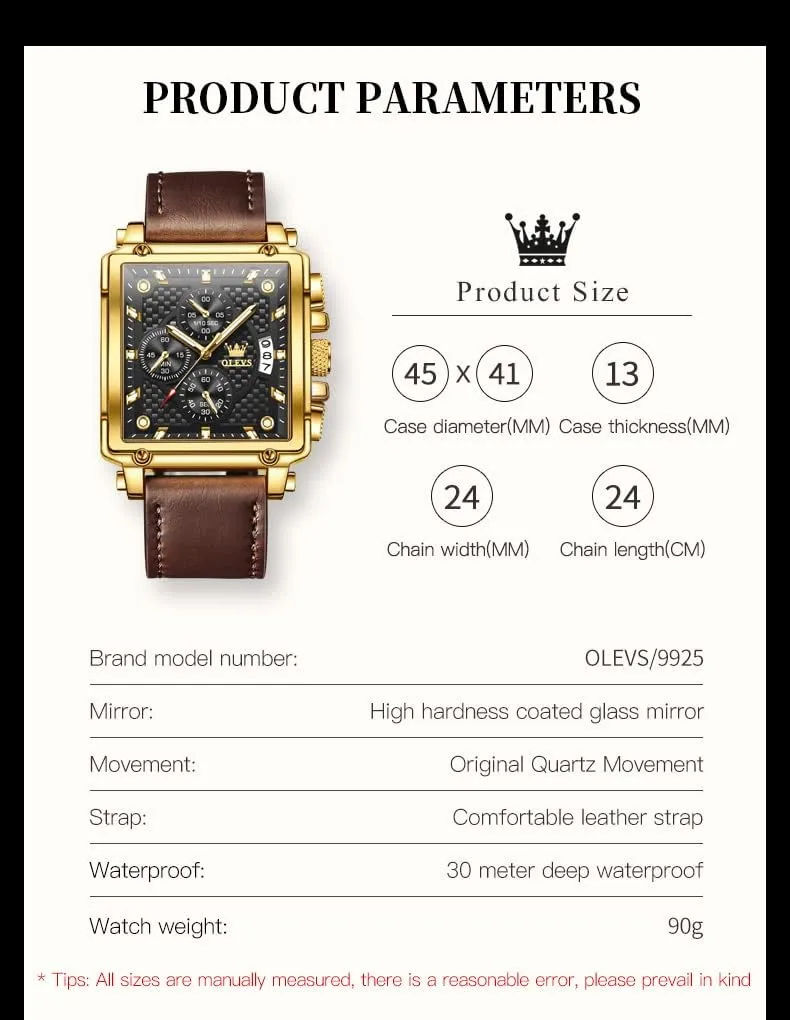 OLEVS Watches for Men Quartz Chronograph Leather Fashion Dress Watch Date Waterproof Luminous Casual Square Business Wrist Watches …