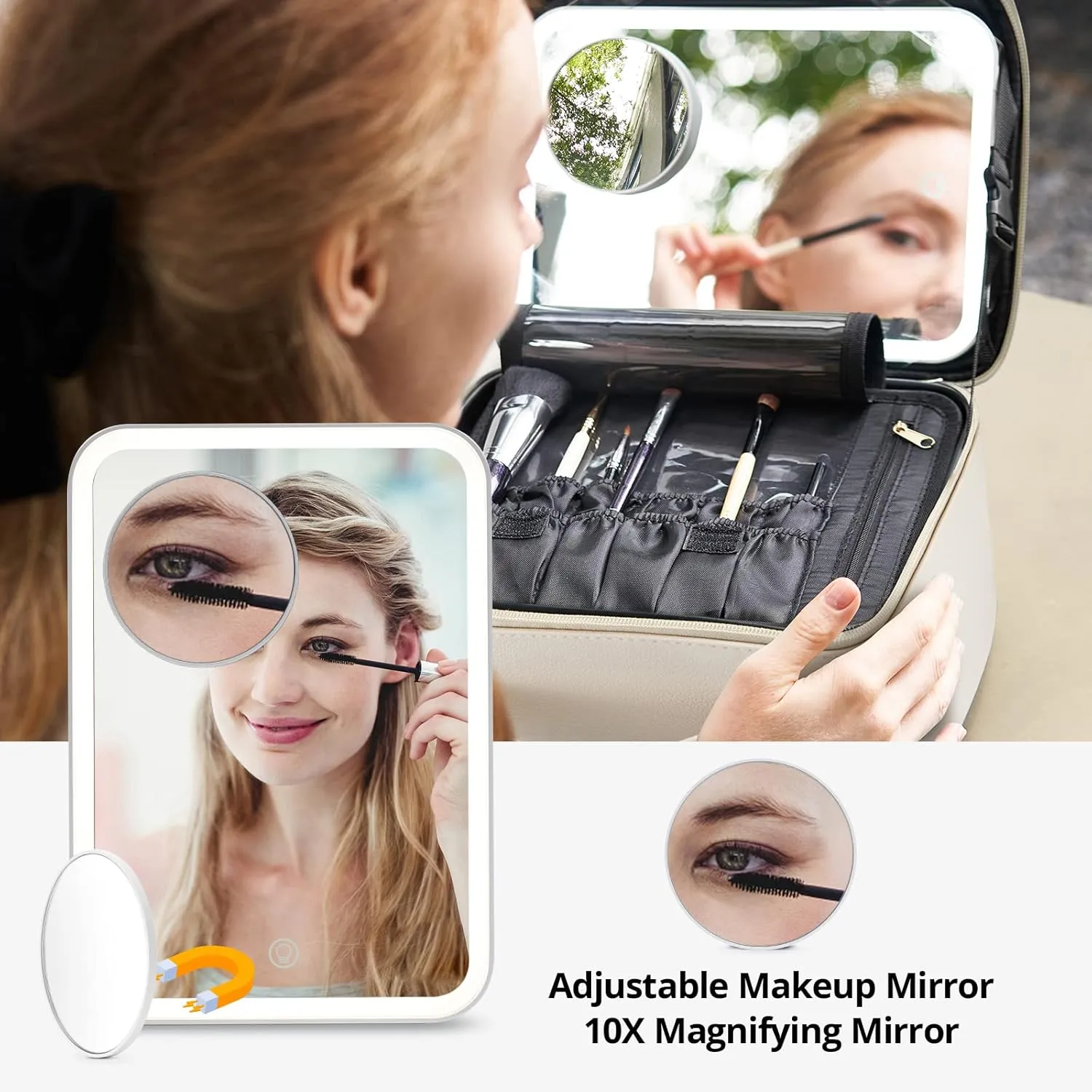Omobolanle Makeup Bag with Mirror Led Light Detachable Portable Make up Travel Train Case with Adjustable Dividers and 10x Magnifying Mirror Beige