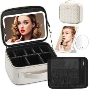 Omobolanle Makeup Bag with Mirror Led Light Detachable Portable Make up Travel Train Case with Adjustable Dividers and 10x Magnifying Mirror Beige