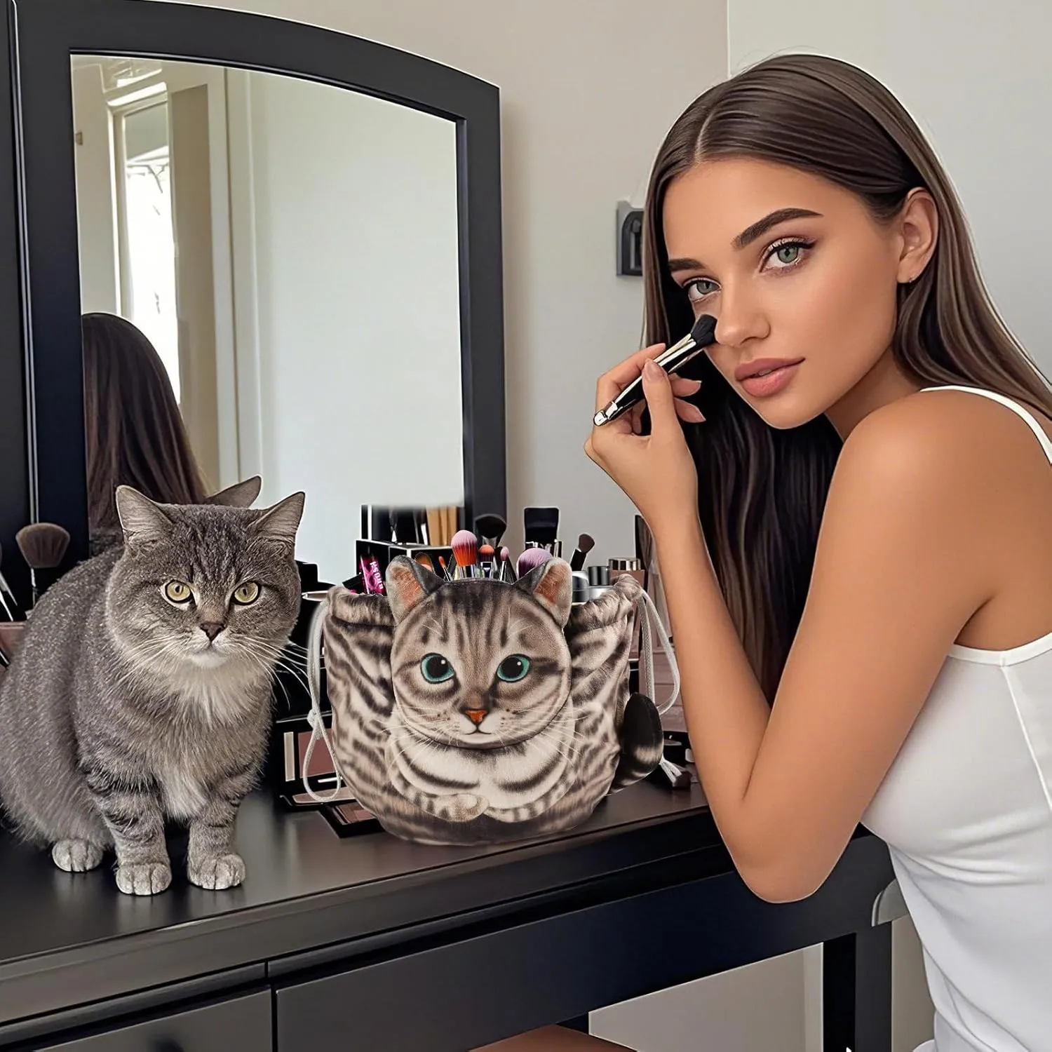 Openhaha Drawstring Travel Organizer, Cosmetic Pouch - Cat Gift, Lay Flat Makeup Bag Gifts for Cat Lovers