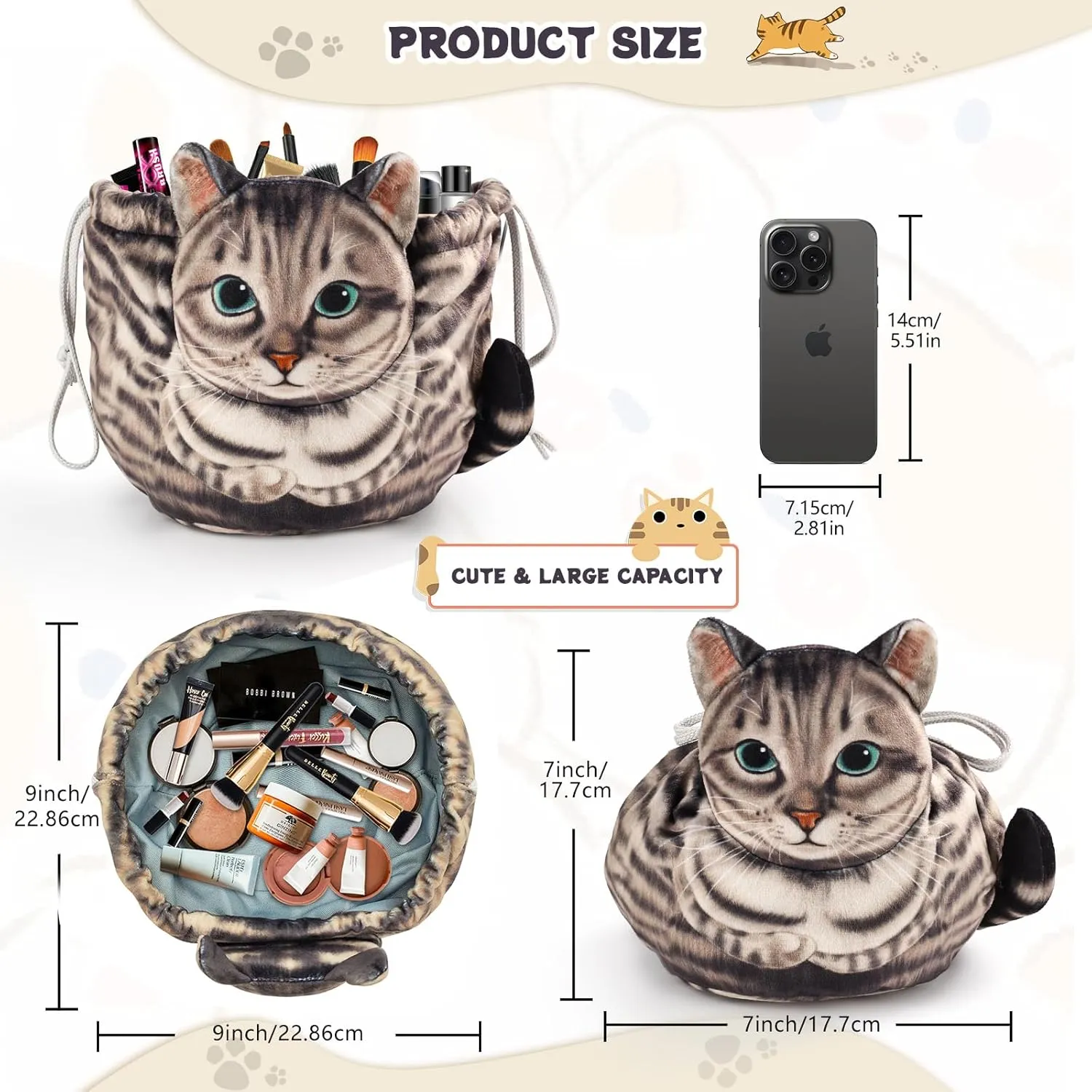 Openhaha Drawstring Travel Organizer, Cosmetic Pouch - Cat Gift, Lay Flat Makeup Bag Gifts for Cat Lovers
