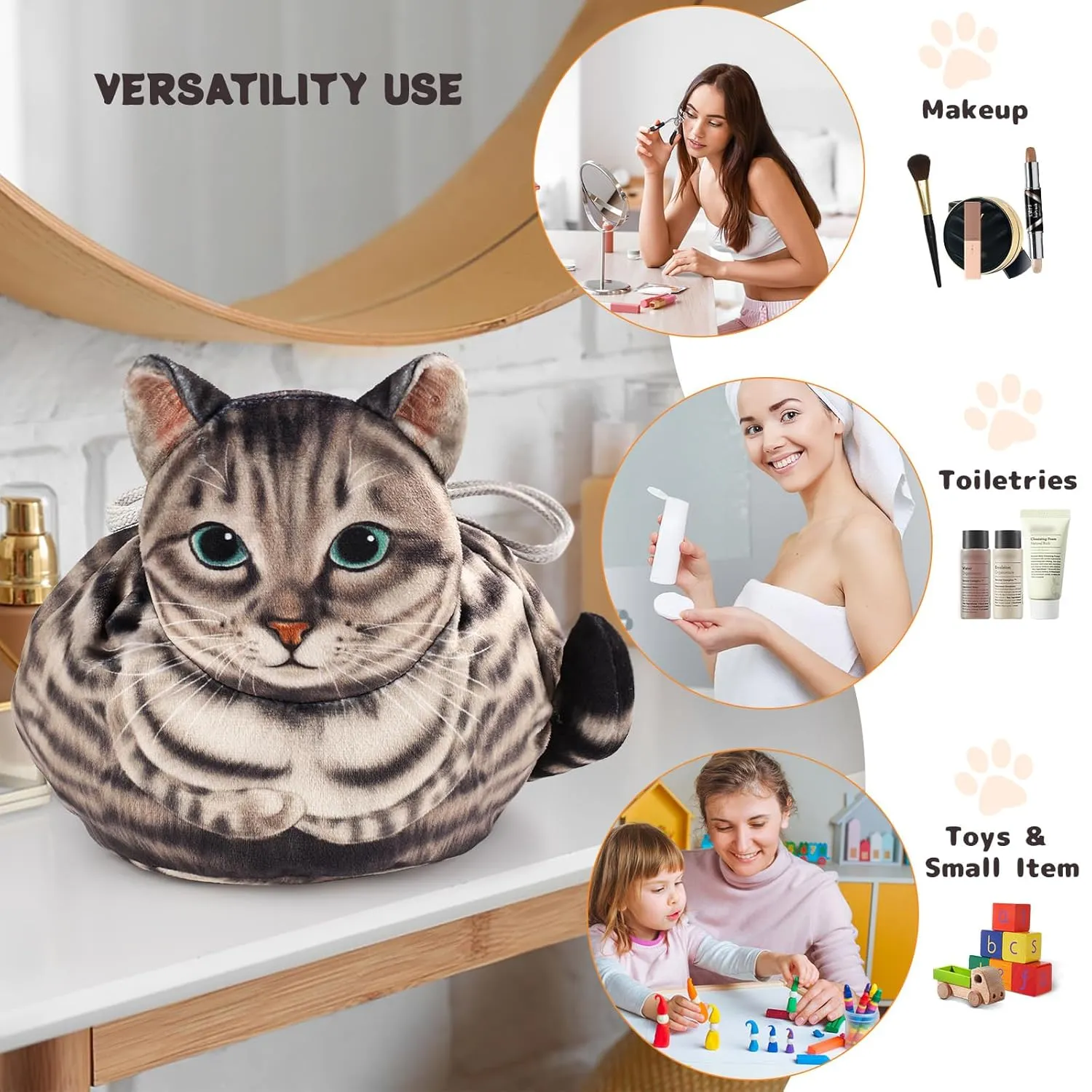 Openhaha Drawstring Travel Organizer, Cosmetic Pouch - Cat Gift, Lay Flat Makeup Bag Gifts for Cat Lovers