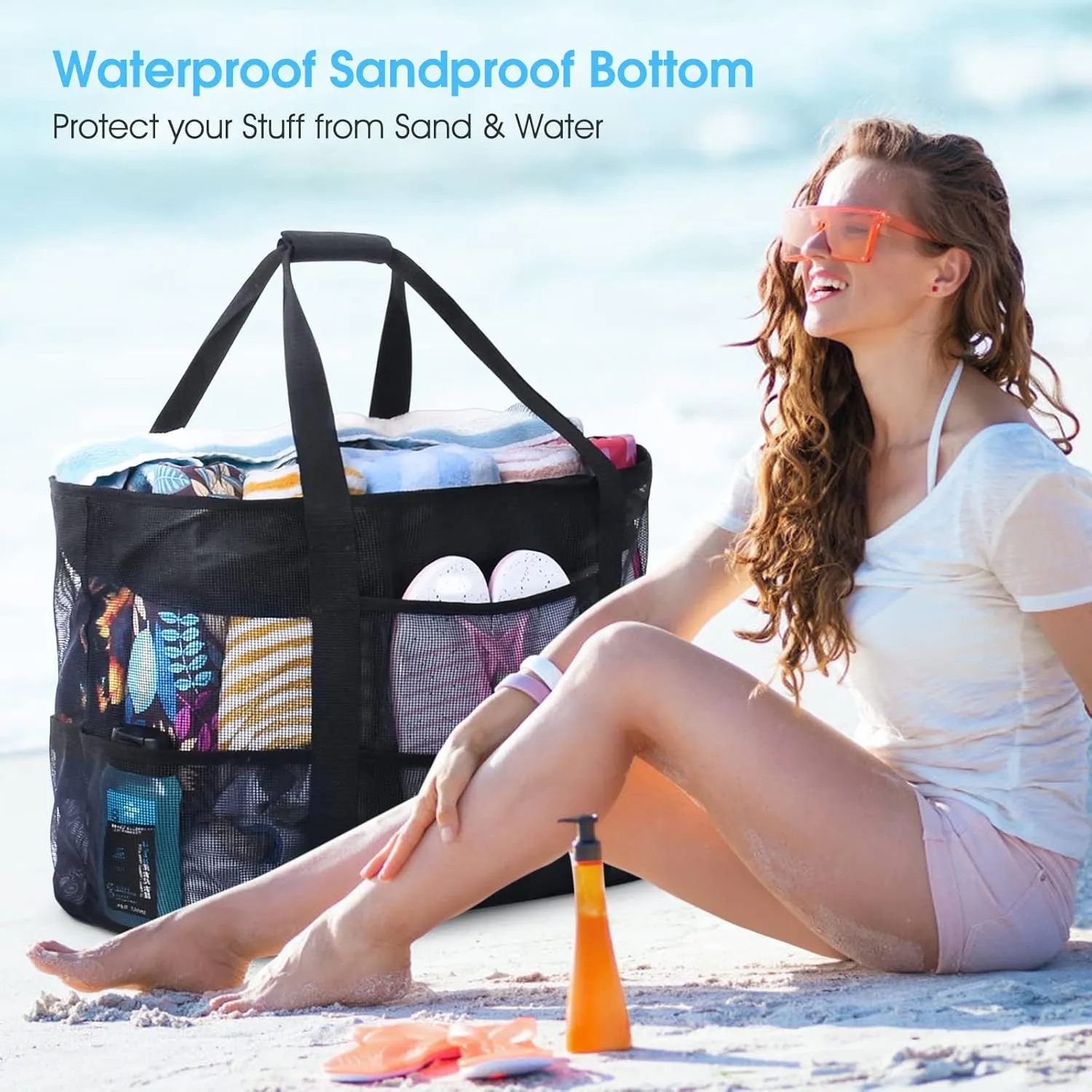 oscaurt Mesh Beach Bag Extra Large Waterproof Sandproof Beach Tote Pool Swim Bag Travel Vacation Essentials