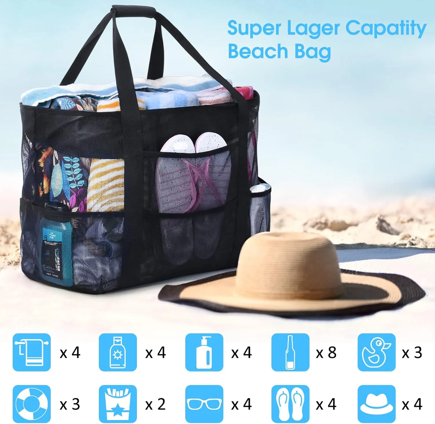 oscaurt Mesh Beach Bag Extra Large Waterproof Sandproof Beach Tote Pool Swim Bag Travel Vacation Essentials