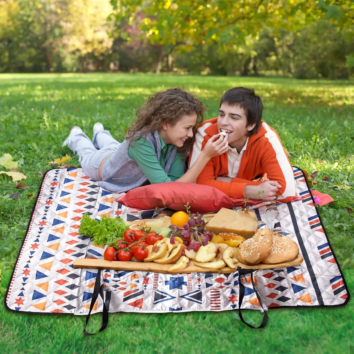 Outdoor Packable Picnic Blanket with Zipper Folds into Tote Bag with Large Storage and Shoulder Strap, Waterproof Sandproof for Lawn Beach Hiking Camping (colorful2, Small)