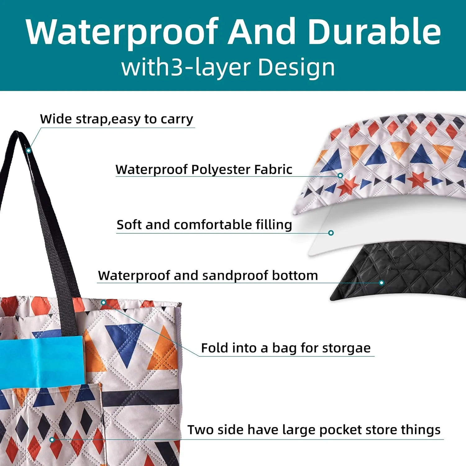 Outdoor Packable Picnic Blanket with Zipper Folds into Tote Bag with Large Storage and Shoulder Strap, Waterproof Sandproof for Lawn Beach Hiking Camping (colorful2, Small)