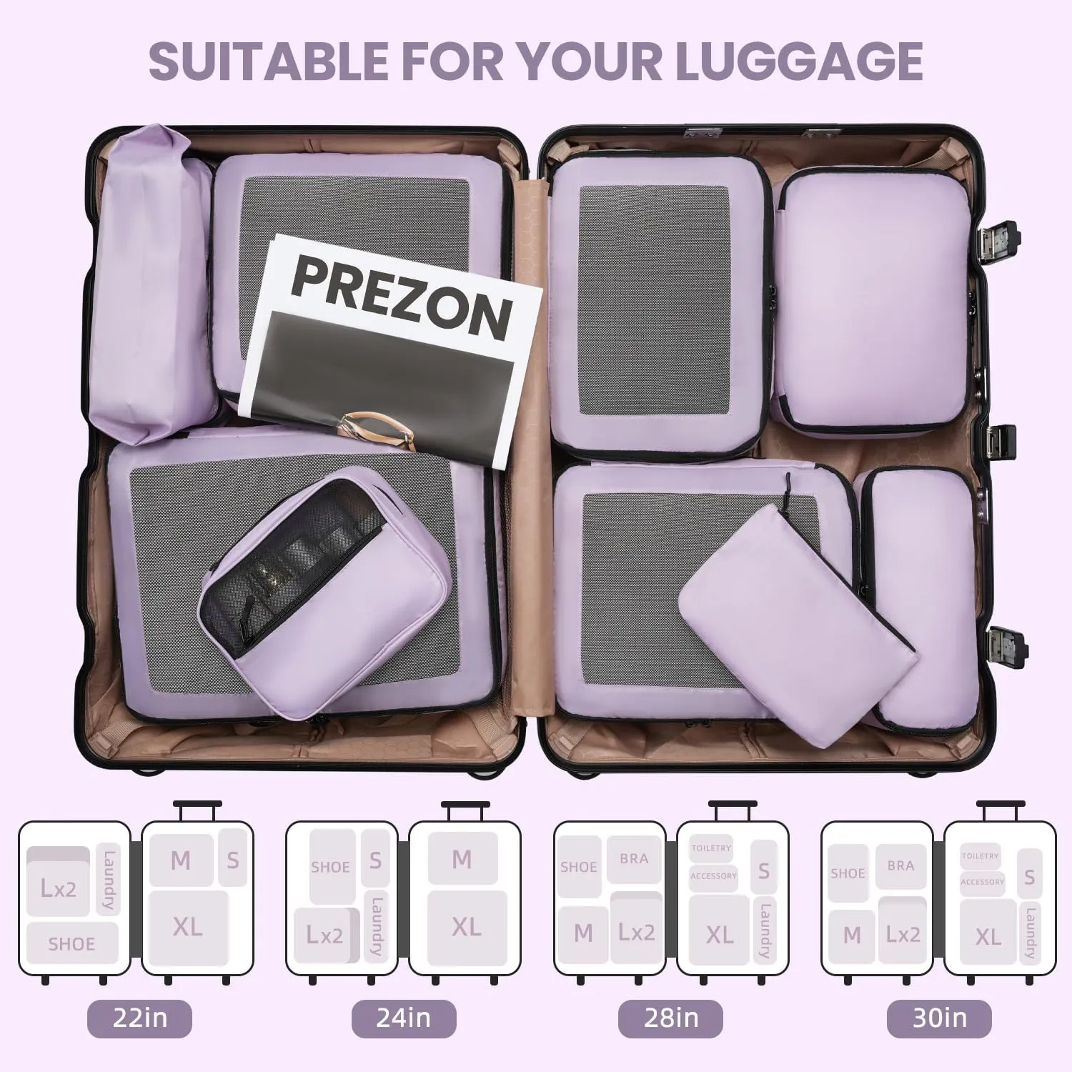 Packing Cubes for Travel | 10 Set Purple|Durable Luggage Organizer 4 Size(Extra Large, Large, Medium, Small),Comprehensive Cubes for Toiletry,Underwear, Shoe,Travel Essentials,Efficient Women Gifts