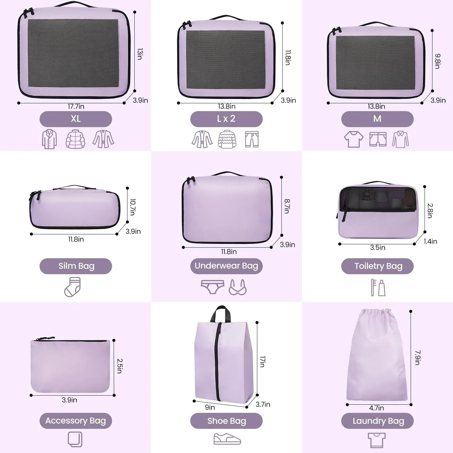 Packing Cubes for Travel | 10 Set Purple|Durable Luggage Organizer 4 Size(Extra Large, Large, Medium, Small),Comprehensive Cubes for Toiletry,Underwear, Shoe,Travel Essentials,Efficient Women Gifts