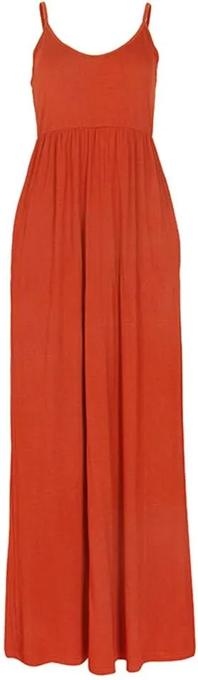 PALINDA Women's Sleeveless Summer V Neck Spaghetti Strap Casual Loose Empire Waist Maxi Dresses