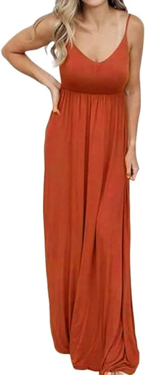 PALINDA Women's Sleeveless Summer V Neck Spaghetti Strap Casual Loose Empire Waist Maxi Dresses
