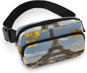 Paris Eiffel Tower with Autumn Leaves Fanny Pack Belt Bag with Adjustable Strap Fashion Waist Bag for Outdoor Sports Hiking