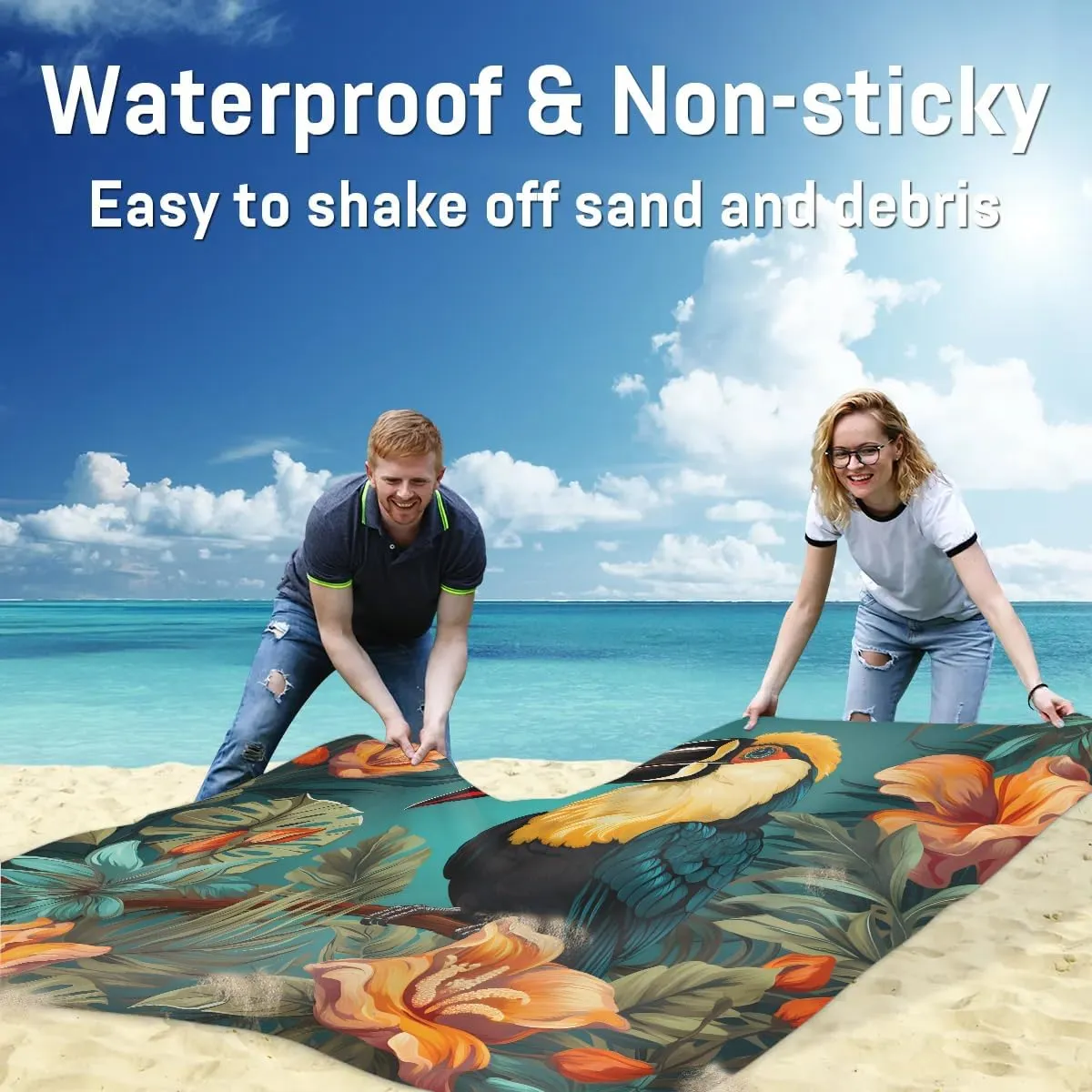 Parrot Beach Blanket, Sandproof Beach Mat, 68 x 59 Waterproof Quick Drying Sand Free Mat with 4 x Ground Spikes for Outdoor Travel Camping Hiking, Animal