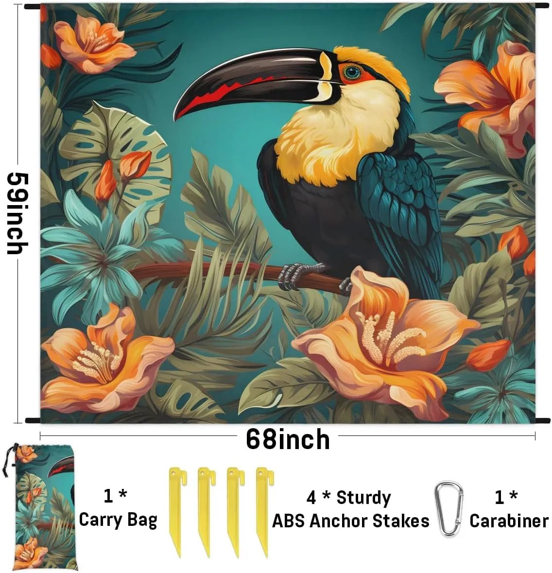 Parrot Beach Blanket, Sandproof Beach Mat, 68 x 59 Waterproof Quick Drying Sand Free Mat with 4 x Ground Spikes for Outdoor Travel Camping Hiking, Animal