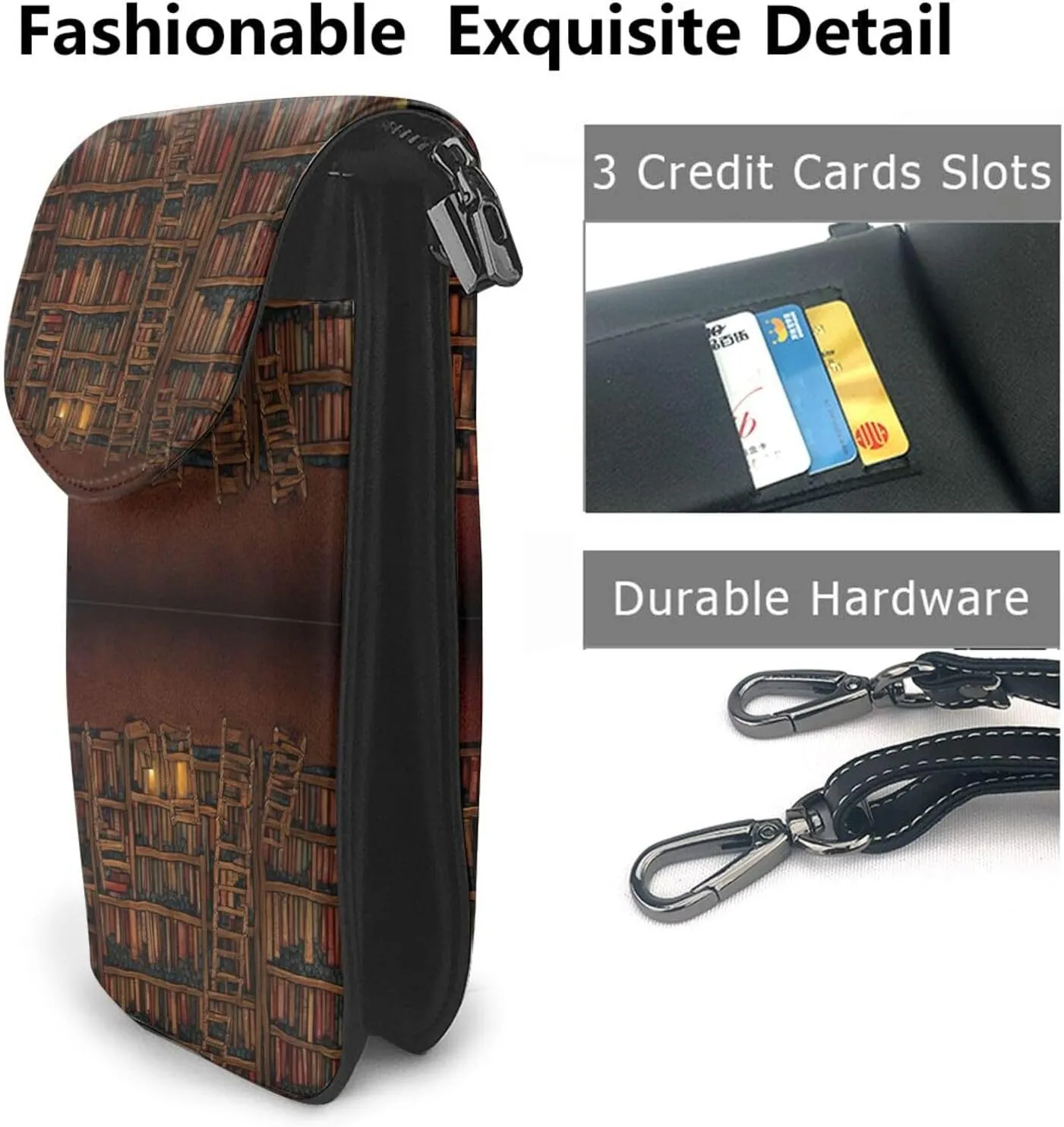 Passport, Credit Card Casual Phone Shoulder Bag - Anti-Theft Waterproof Multifunctional Jewelry Bag Library Bookshelf Vintage Art Wristlet Convertible Cross Body Bag