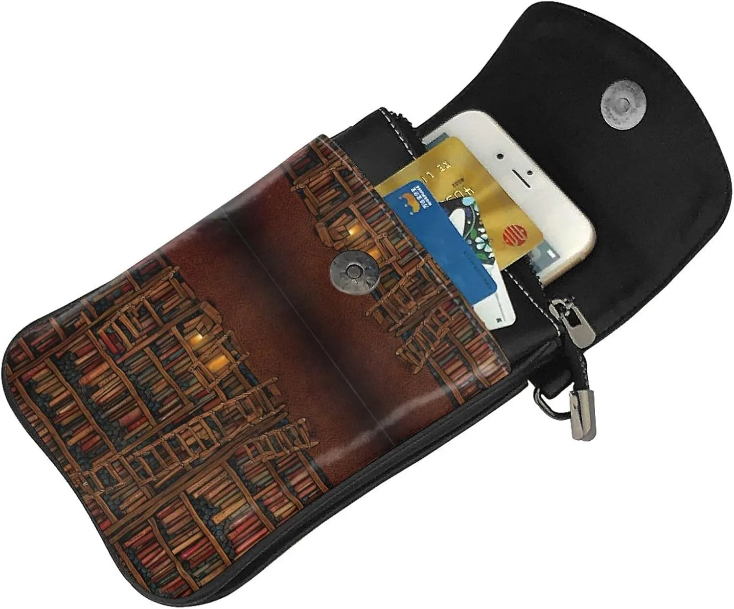 Passport, Credit Card Casual Phone Shoulder Bag - Anti-Theft Waterproof Multifunctional Jewelry Bag Library Bookshelf Vintage Art Wristlet Convertible Cross Body Bag