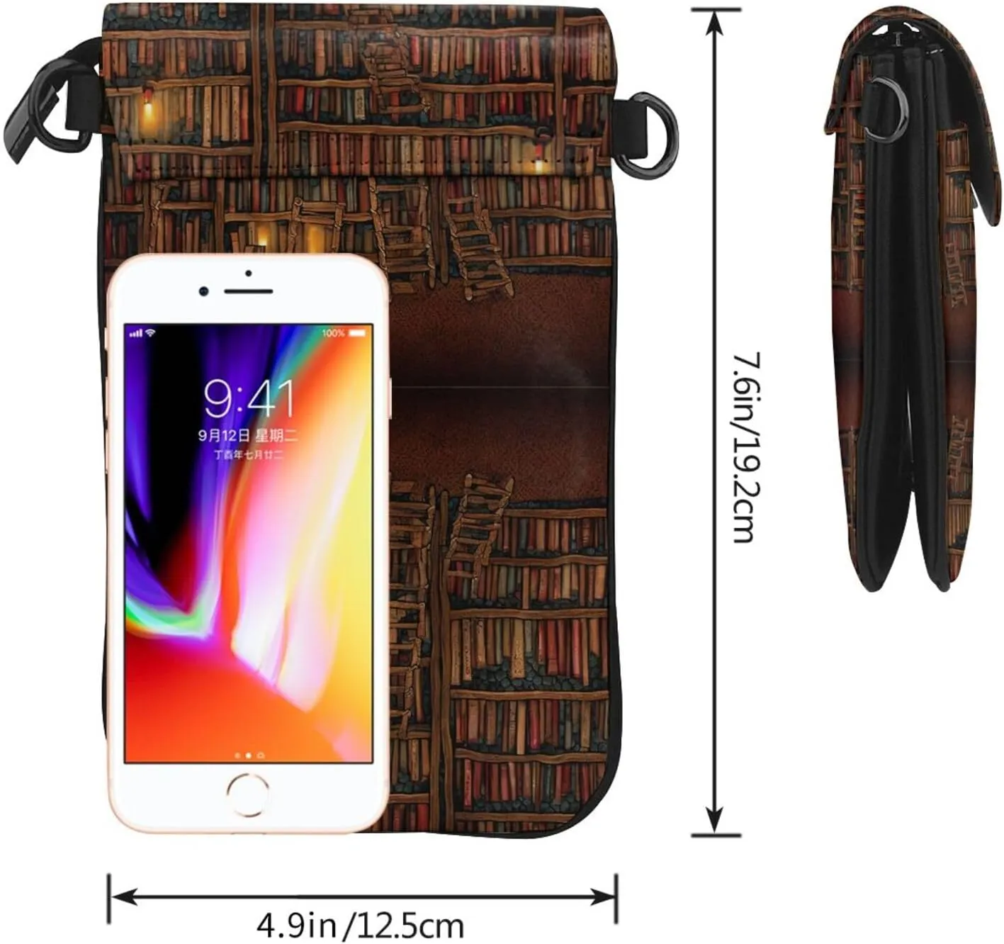 Passport, Credit Card Casual Phone Shoulder Bag - Anti-Theft Waterproof Multifunctional Jewelry Bag Library Bookshelf Vintage Art Wristlet Convertible Cross Body Bag