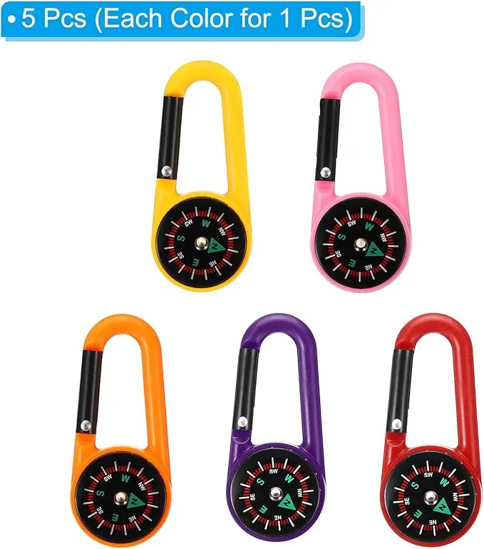 PATIKIL Compass, 5 Pcs Buckle Compass Keychain Waterproof Survival Pocket Compass for Hiking Outdoor Camping, 5 Color