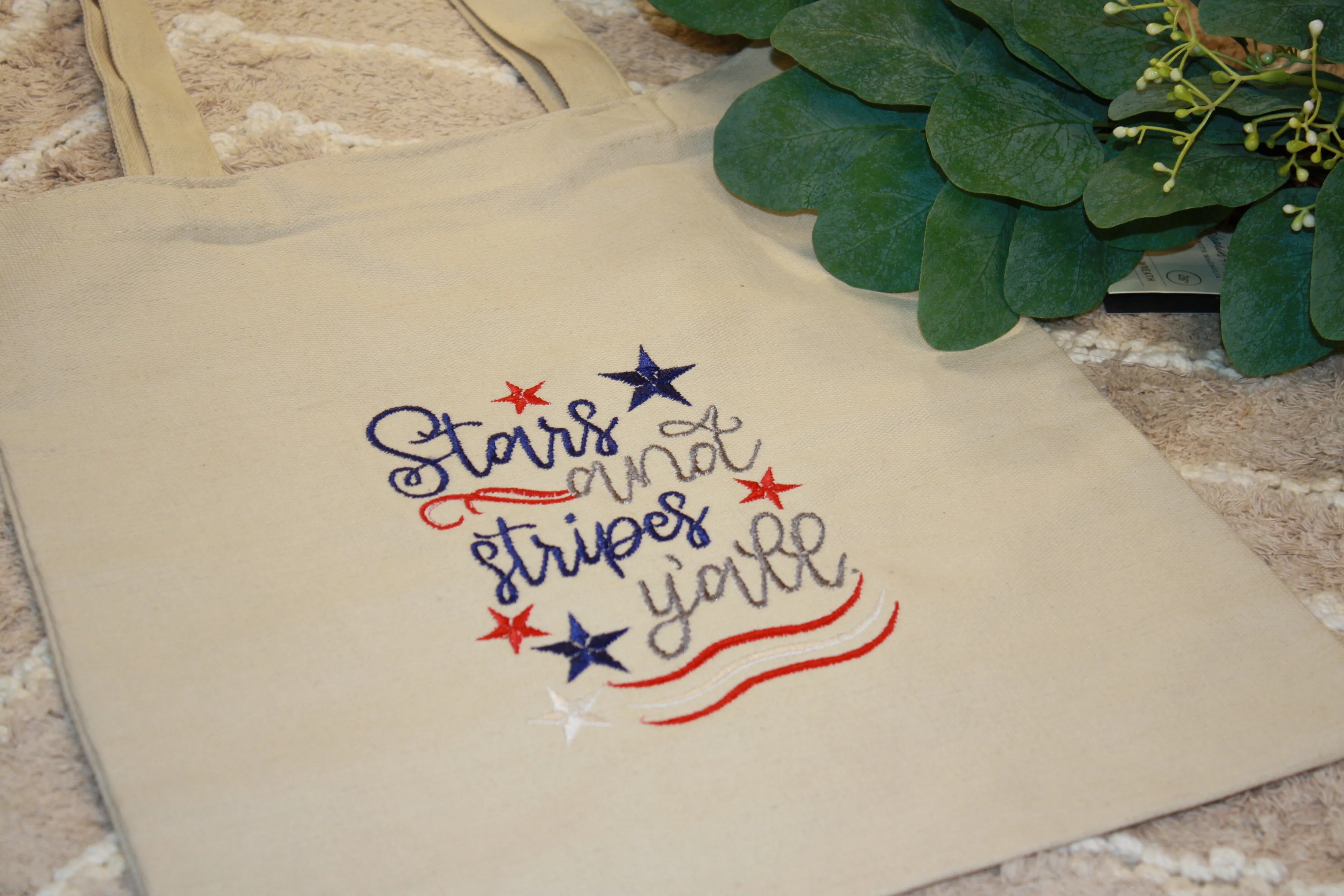 Patriotic Embroidered Canvas Tote – Stars & Stripes Y’all!