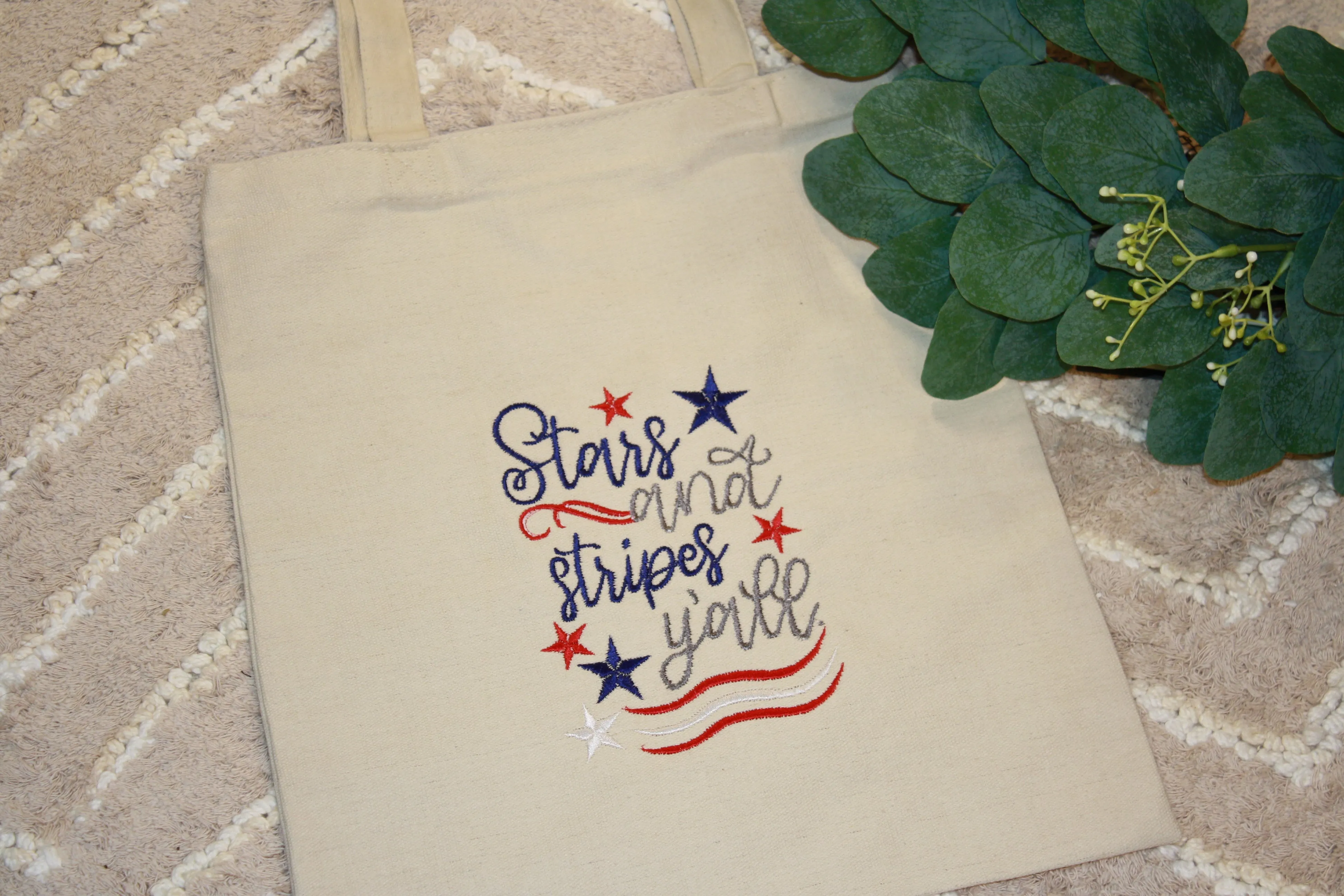 Patriotic Embroidered Canvas Tote – Stars & Stripes Y’all!