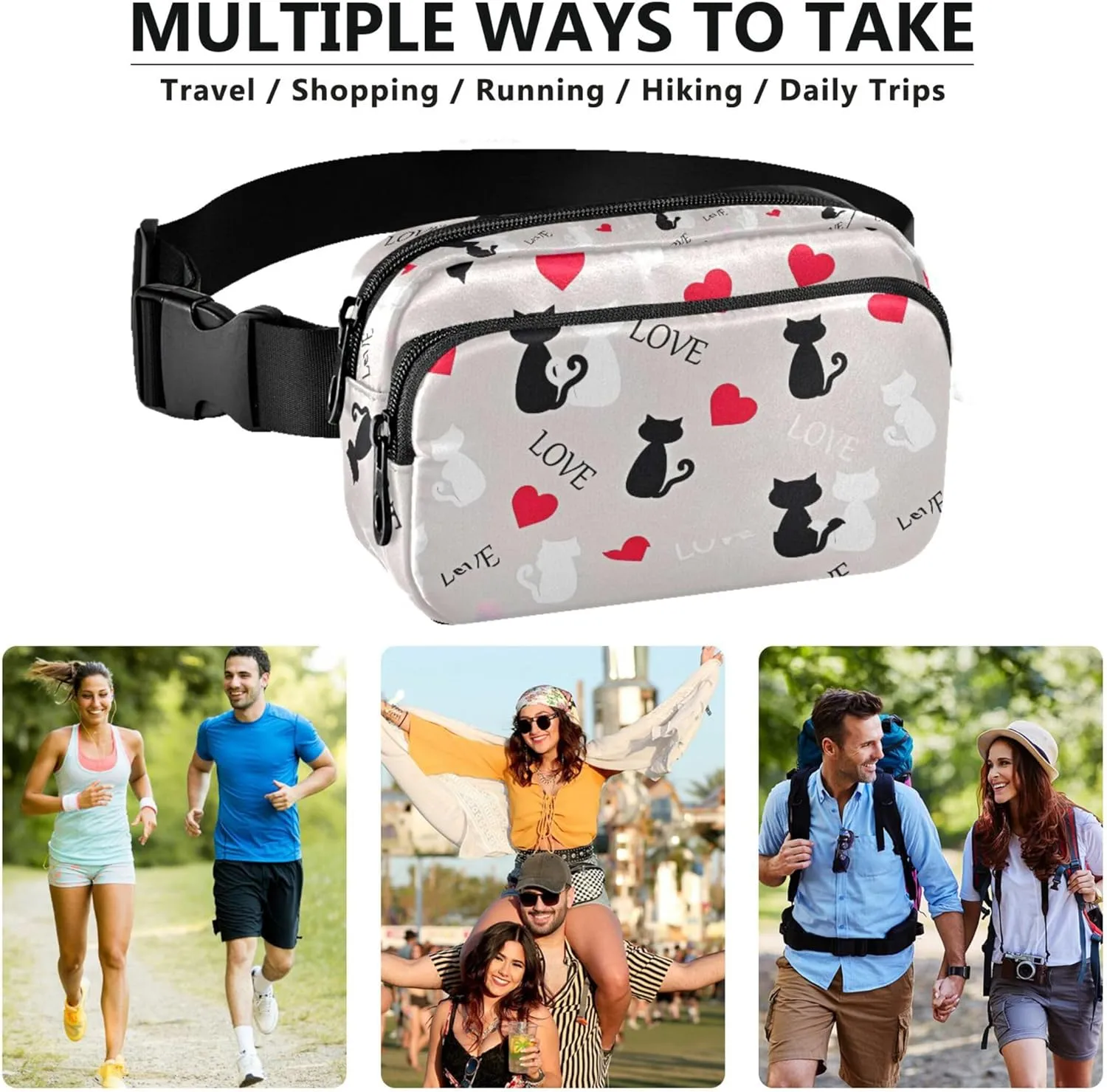 Personalized Cats Love Valentines Grey Women Fanny Packs Pattern Large Hip Belt Bag Waterproof Travel Waist Pack for Men
