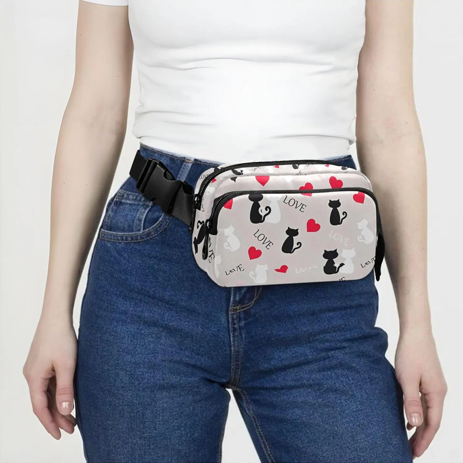 Personalized Cats Love Valentines Grey Women Fanny Packs Pattern Large Hip Belt Bag Waterproof Travel Waist Pack for Men