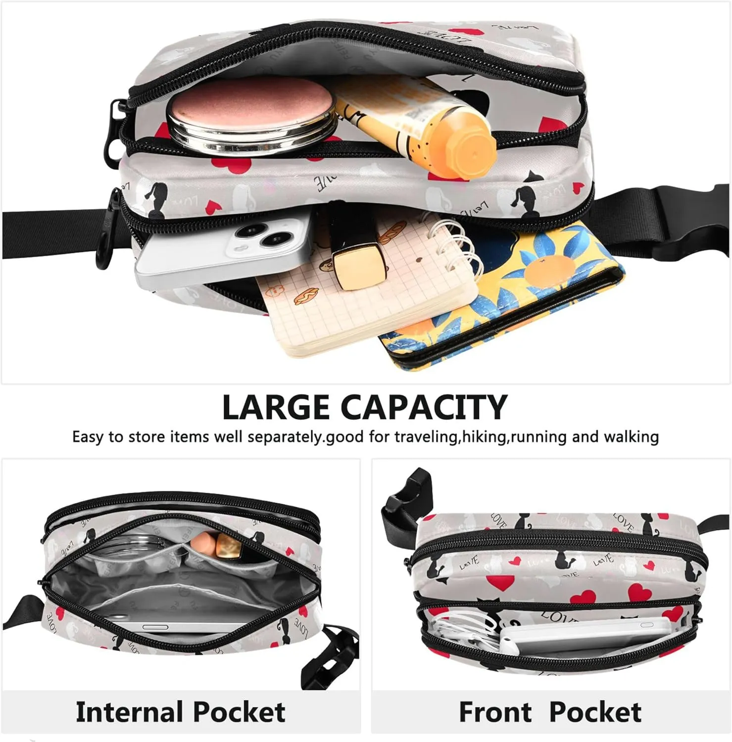 Personalized Cats Love Valentines Grey Women Fanny Packs Pattern Large Hip Belt Bag Waterproof Travel Waist Pack for Men