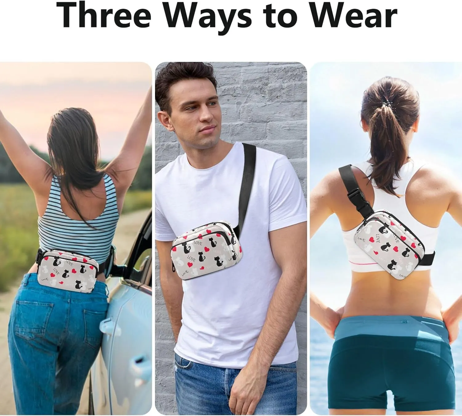 Personalized Cats Love Valentines Grey Women Fanny Packs Pattern Large Hip Belt Bag Waterproof Travel Waist Pack for Men