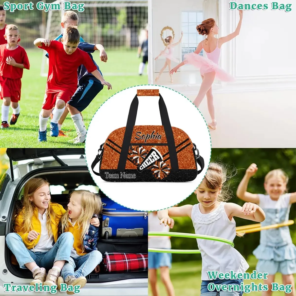 Personalized Cheer Cheerleadr Gym Duffel Bag, Custom Sport Duffle Bag, Custom Name Overnight Weekender Bag for Women Men Travel Vocation Business Trip, Dark Orange Glitter