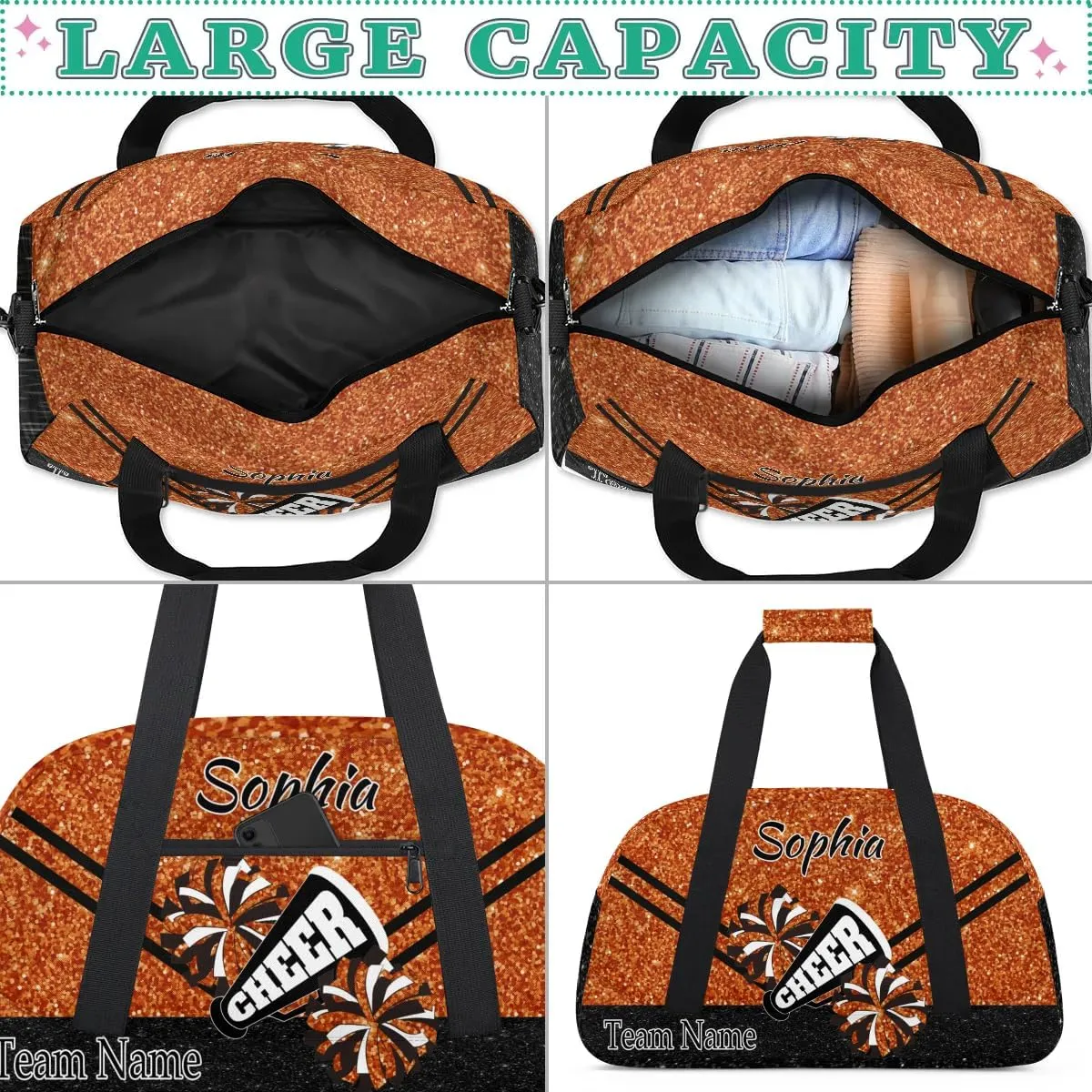 Personalized Cheer Cheerleadr Gym Duffel Bag, Custom Sport Duffle Bag, Custom Name Overnight Weekender Bag for Women Men Travel Vocation Business Trip, Dark Orange Glitter